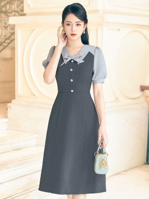 Đầm Xám Cổ V Cột Nơ