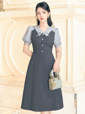 Đầm Xám Cổ V Cột Nơ