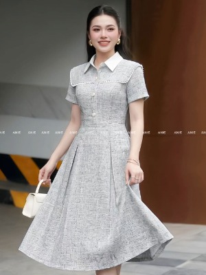 Đầm Cổ Thuỷ Thủ Vạt Trắng Xám 