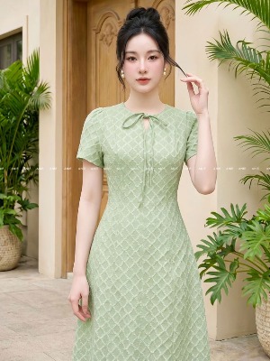 Đầm Dáng A Xanh Cốm Vân Nổi