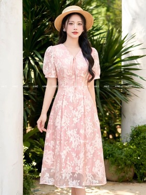 Đầm Tơ Hồng Hoa Nữ Tính