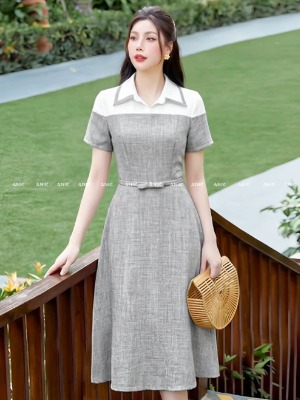 Đầm Sơ Mi Xám Trắng Đai Liền