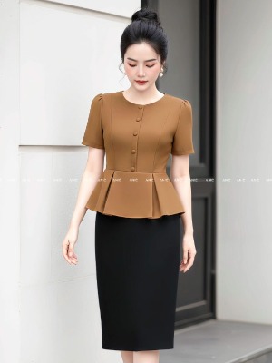 Đầm Liền Peplum Nâu Đen
