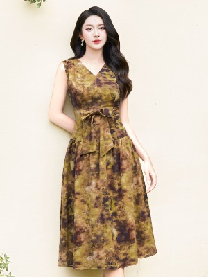 Đầm Lụa Nơ Hoa Loang Màu 