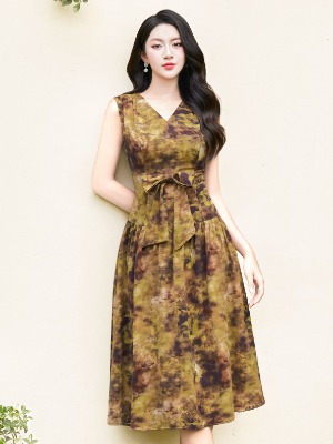 Đầm Lụa Nơ Hoa Loang Màu 