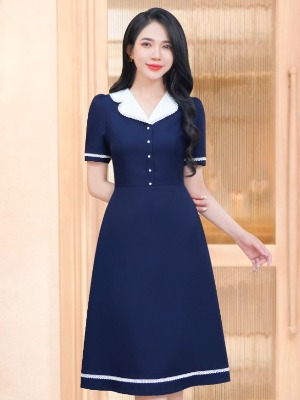 Đầm Xanh Cổ Sen Đi Viền