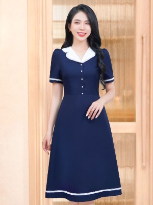 Đầm Xanh Cổ Sen Đi Viền