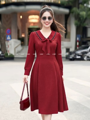 Đầm Xoè Tay Dài Viền Nơ Cổ