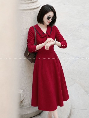 Đầm Xoè Tay Dài Viền Nơ Cổ