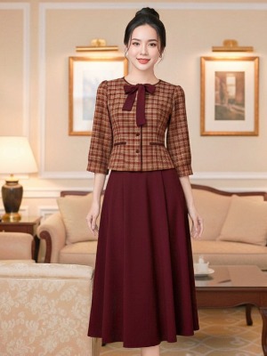 SET Áo Váy Caro Đỏ Nâu