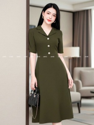 Đầm Tay Lỡ Đính Nút Xanh Rêu