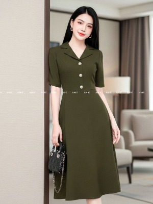 Đầm Tay Lỡ Đính Nút Xanh Rêu