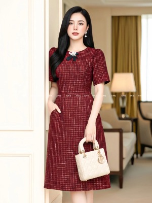 Đầm Tweed Đỏ Ánh Sợi Vàng