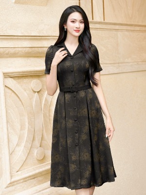 Đầm Sơ Mi Lụa Vân Họa Tiết