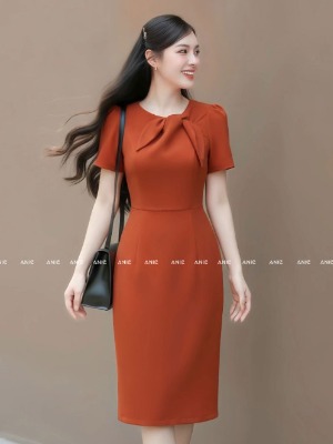 Đầm Cam Carrot Nơ Cổ 