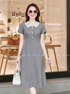 Đầm Xám Lina Cổ Ren Trắng