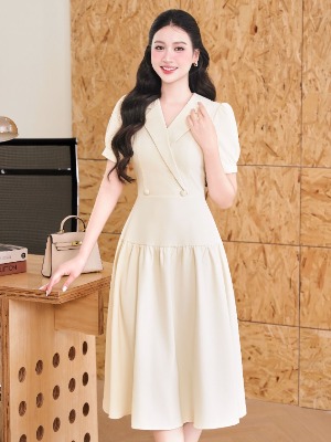 Đầm Tay Bồng Vest Kem Xoè