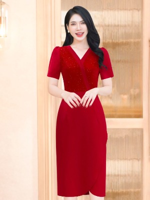 Đầm Đỏ Mix Nhung Kim Sa