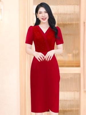 Đầm Đỏ Mix Nhung Kim Sa