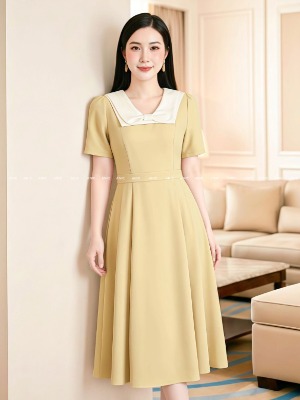Đầm Vàng Nơ Phối Cổ Kem