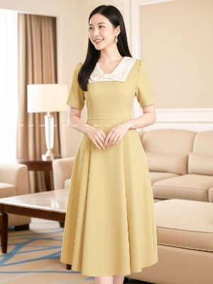 Đầm Vàng Nơ Phối Cổ Kem