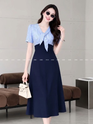 Đầm Liền Xanh Đen Sọc Stripe