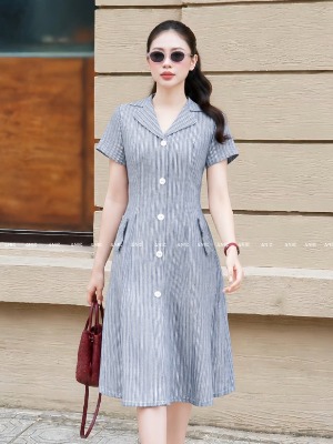 Đầm Sọc Xám Xanh Túi Giả