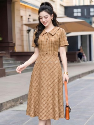 Đầm Dáng A Rã Eo Caro Nâu 