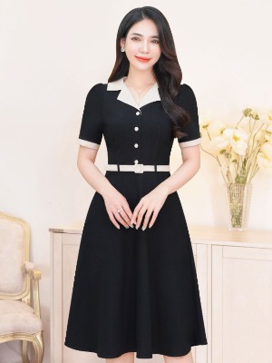 Đầm Xòe Sơ Mi Đen Viền Kem