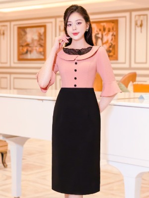 Đầm Liền Hồng Đen Cổ Ren