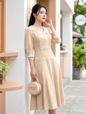 Đầm Kem Tay Lỡ Cổ Sen