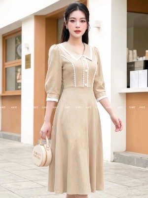 Đầm Kem Tay Lỡ Cổ Sen