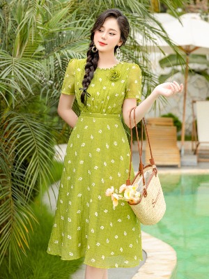 Đầm Xòe Hoa Voan Xanh