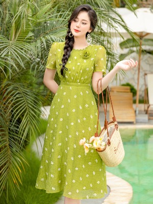Đầm Xòe Hoa Voan Xanh