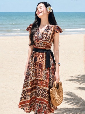 Đầm Xoè Hoa Văn Thổ Cẩm