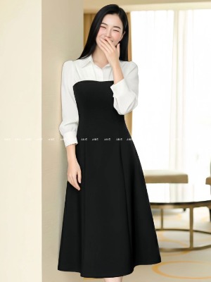 Đầm Sơ Mi Đen Trắng Tay Dài Tơ Gân