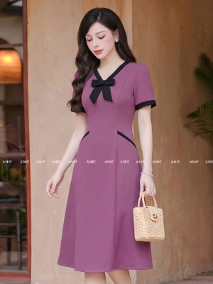 Đầm Suông Tím Cột Nơ