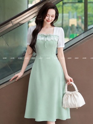 Đầm Xanh Mint Cổ Vuông