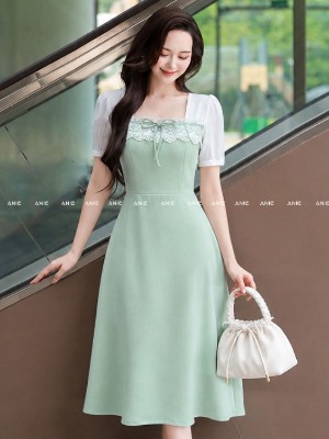 Đầm Xanh Mint Cổ Vuông