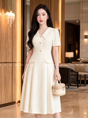 Đầm Kem Xếp Ly Đính Cúc Gold