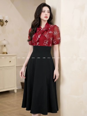 Đầm Liền Đen Hoa Đỏ