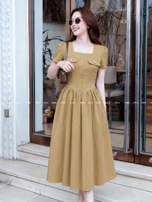 Đầm Cổ Vuông Vàng Nâu Tùng Xoè
