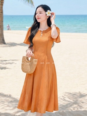 Đầm Tơ Vân Mây Cam 2 Lớp