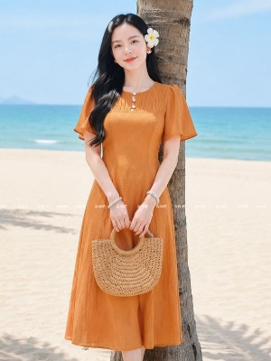 Đầm Tơ Vân Mây Cam 2 Lớp