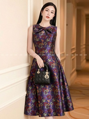 Đầm Tiệc Gấm Tím Hoa Nơ