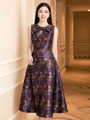 Đầm Tiệc Gấm Tím Hoa Nơ
