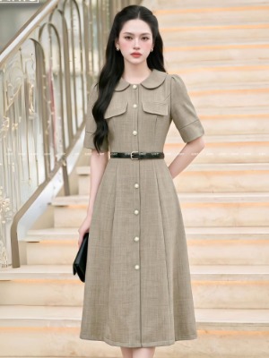 Đầm Cổ Sen Nâu Xám Gỗ