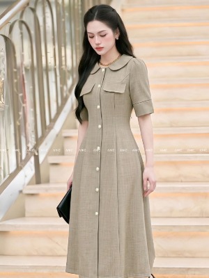 Đầm Cổ Sen Nâu Xám Gỗ