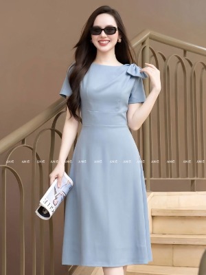 Đầm Cổ Tròn Xanh Nơ Vai 