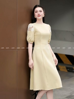 Đầm Vàng Tay Phối Voan Sunny